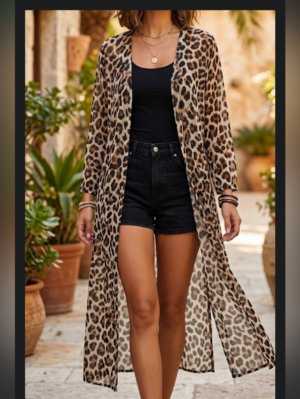 Nel + Lo Festival Leopard Print Long Beach Kimono Cover up  - Brown